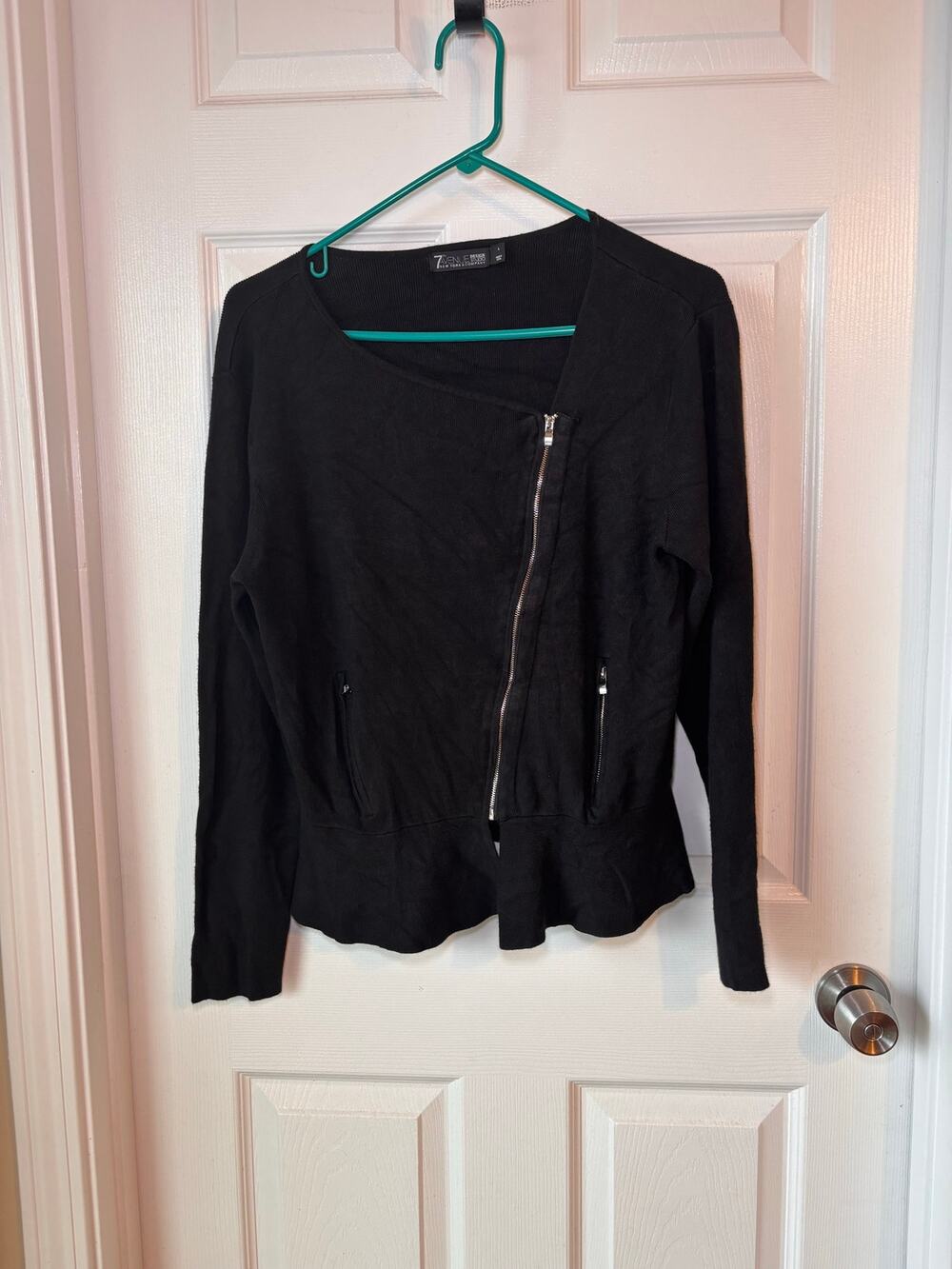 New York & Company 7th Avenue Black Asymmetrical Zip Peplum Jacket L
